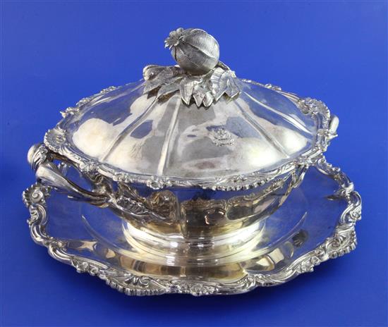 A mid 19th century French silver two handled tureen and cover on stand by Jean Francois Veyrat, Paris, circa 1840,